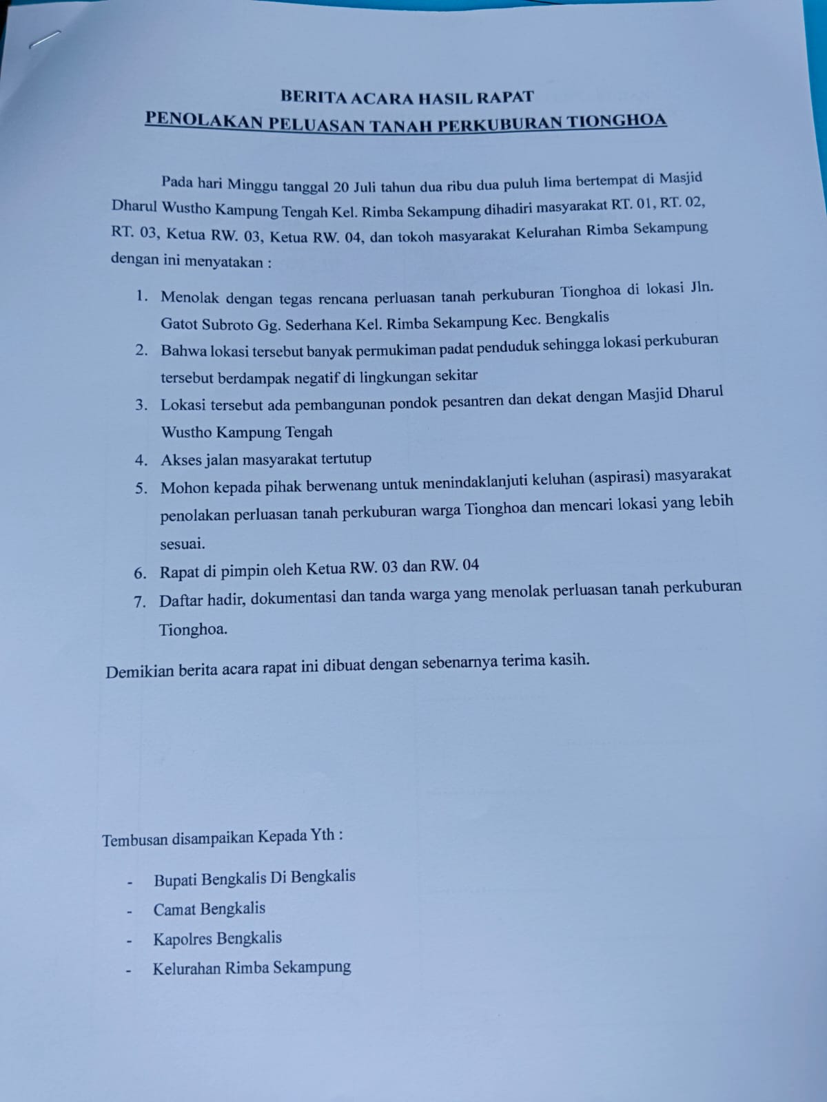 Warga Rimba Sekampung Bengkalis Tolak Perluasan Tanah Perkuburan Tionghoa, Tuntut Pencarian Lokasi Baru