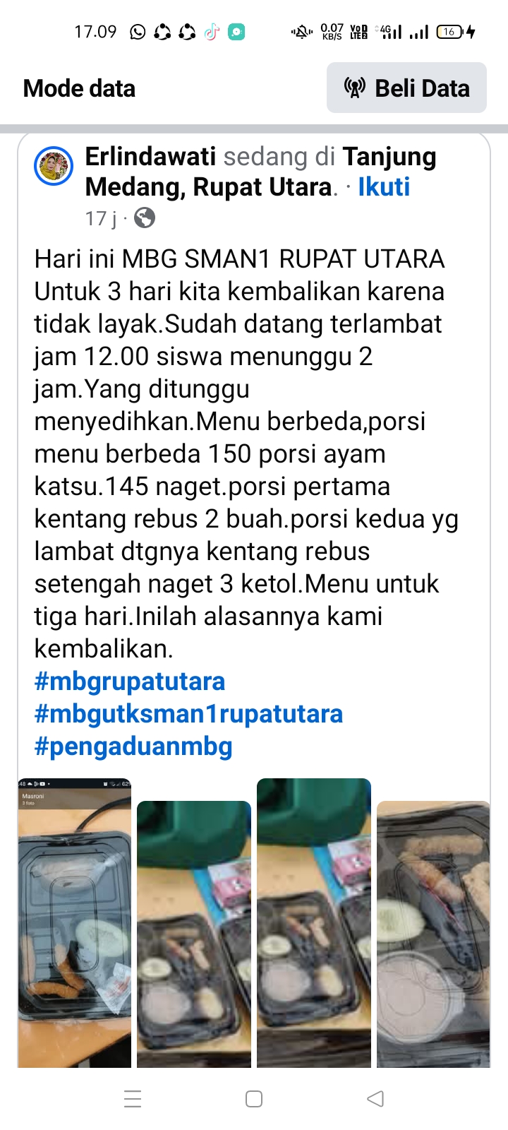 Diduga Mark Up Menu MBG, SMAN 1 Rupat Utara Kembalikan Makanan